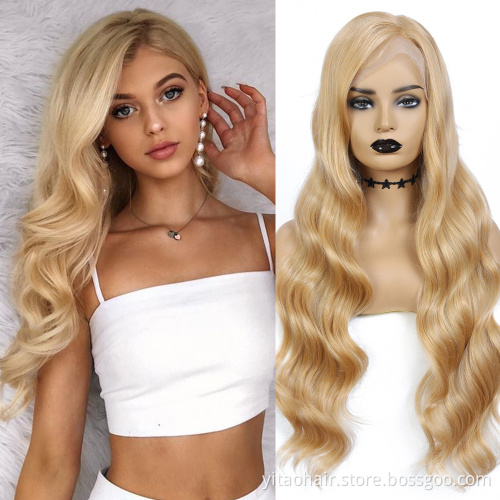 Natural black  Lace Wig L Part Heat Resist Fiber Soft Long body Wave Hair Wig For Black Women Synthetic Lace Front Wigs